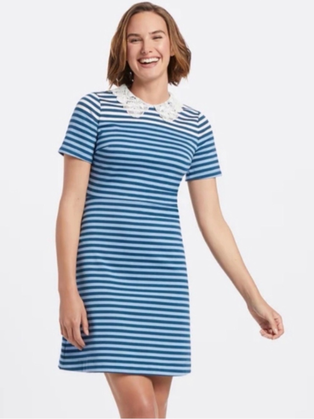 Draper James Blue Striped Short-Sleeve Dress with Lace Collar